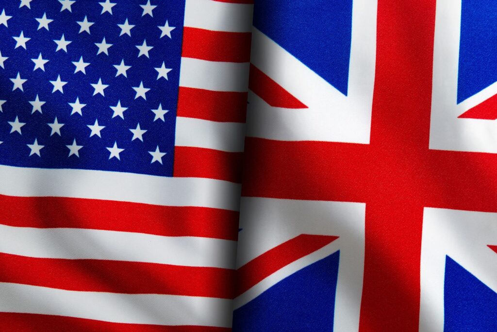 Side-by-side prenuptial agreement documents with US and UK flags showing mirror agreement strategy for international couples