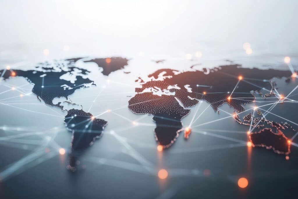 World map showing multiple countries connected by lines representing international assets and cross-border prenuptial agreement jurisdictions