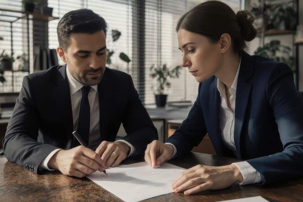 Young engaged couple reviewing prenuptial agreement documents together at modern table with laptop, representing collaborative approach to prenup legal requirements